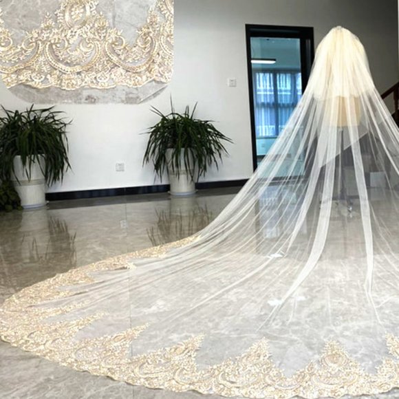 2-Tier Cathedral length Champagne Lace Wedding Veil - Picture 1 of 2